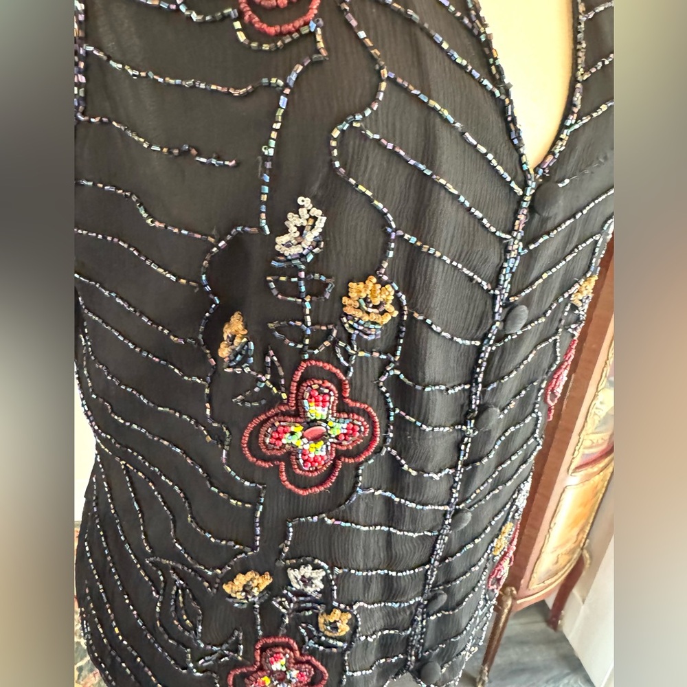 Vintage Embroidered Black Silk Floral Vest - Picture 9 of 11